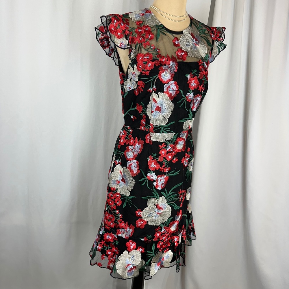 Donna Morgan Embroidered Floral Mesh Dress Size 4 Black Sheer Ruffle Hem